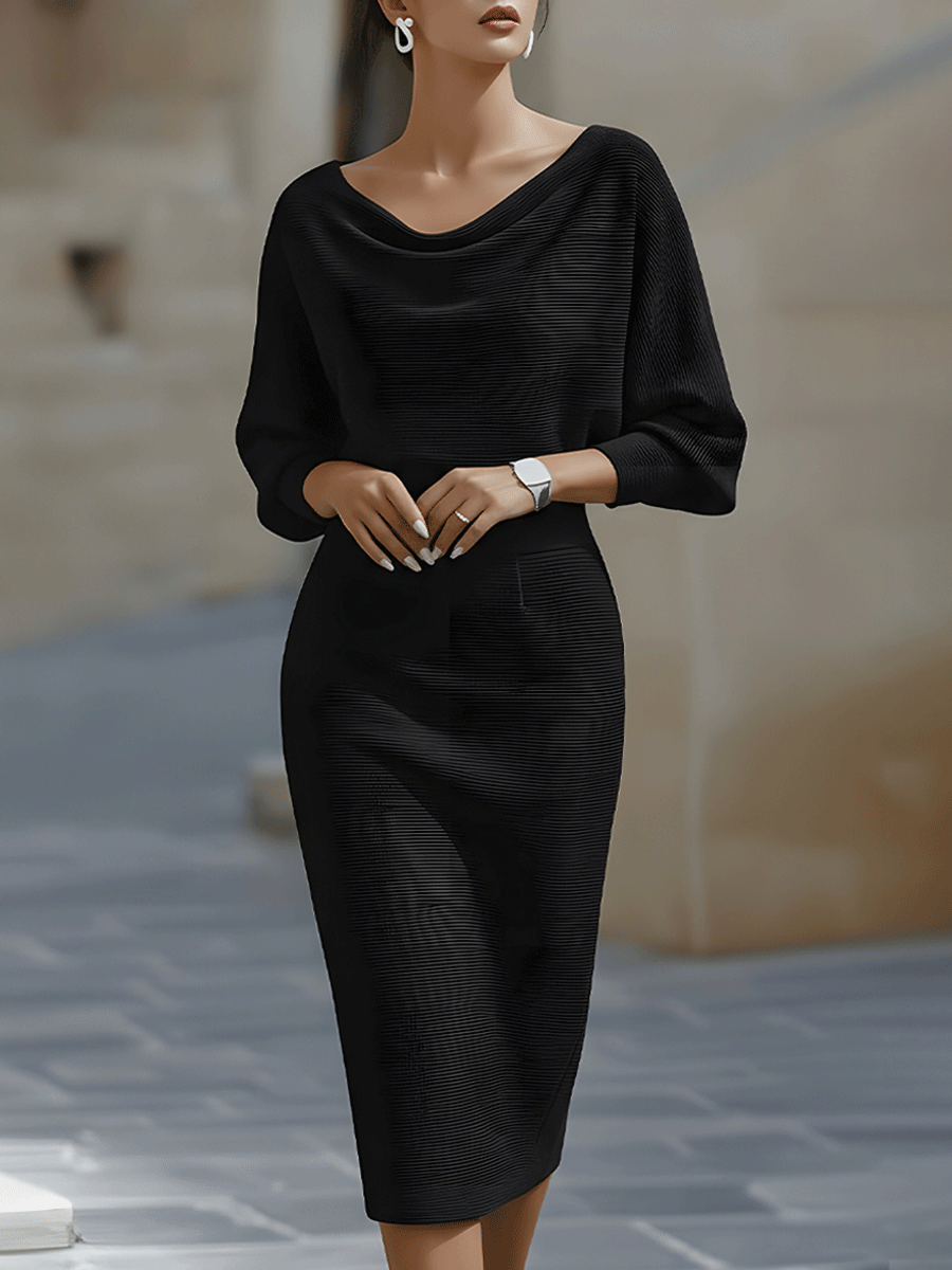 Noir | Cowl Neck Ribbed Midi Dress