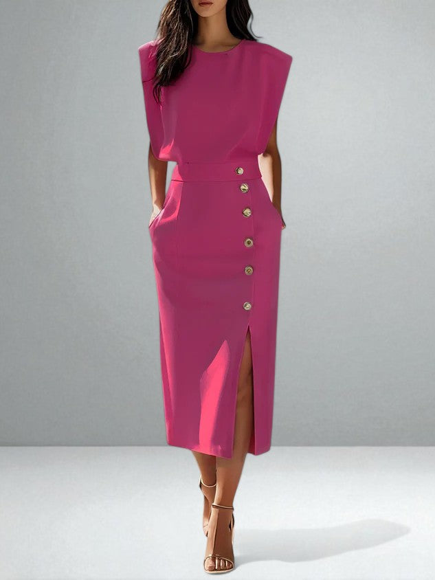 Victoria | Gold Button Midi Dress