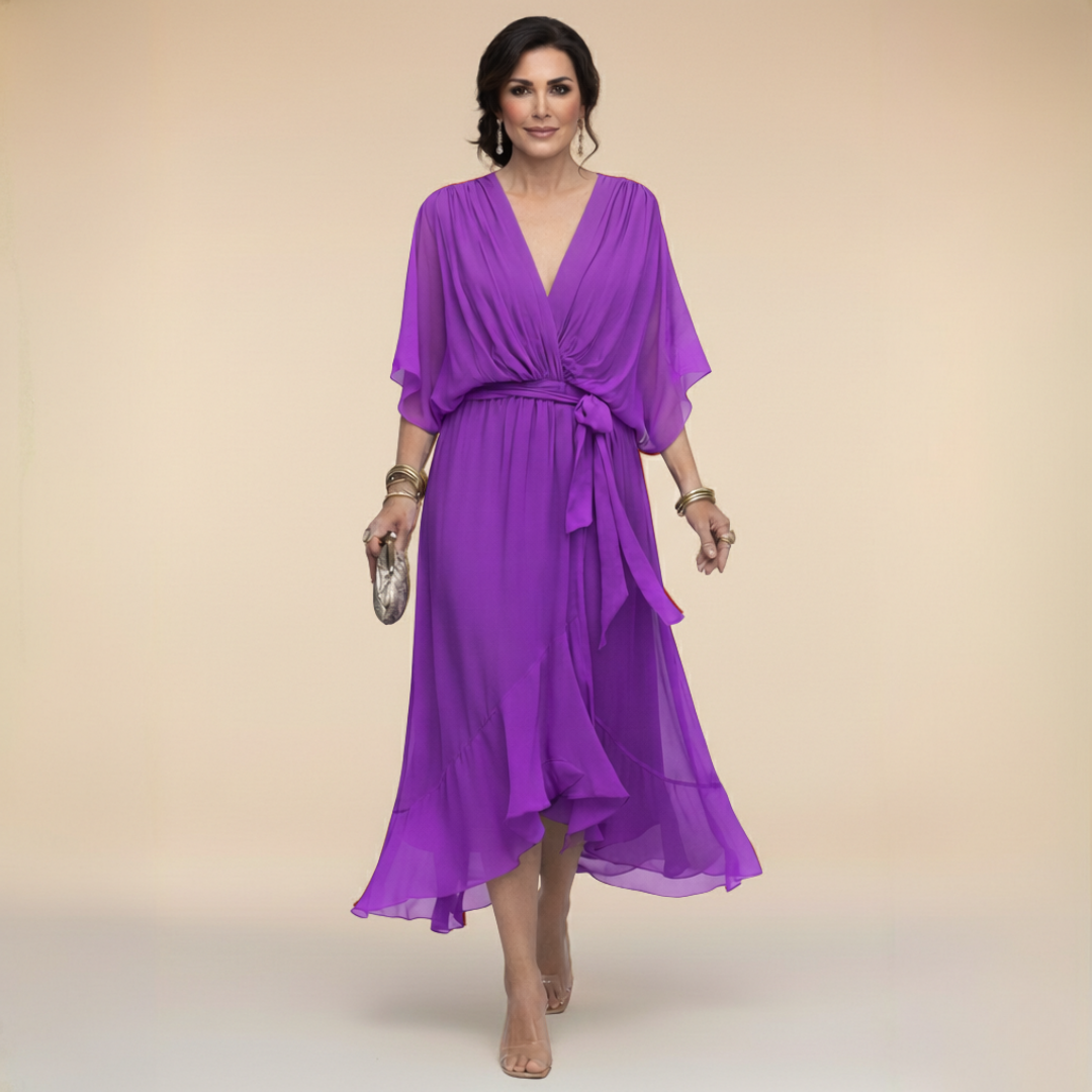 Rowena | Chiffon Batwing Belted Midi Dress