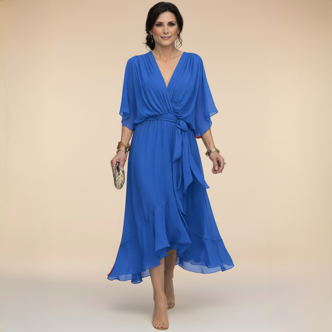 Rowena | Chiffon Batwing Belted Midi Dress