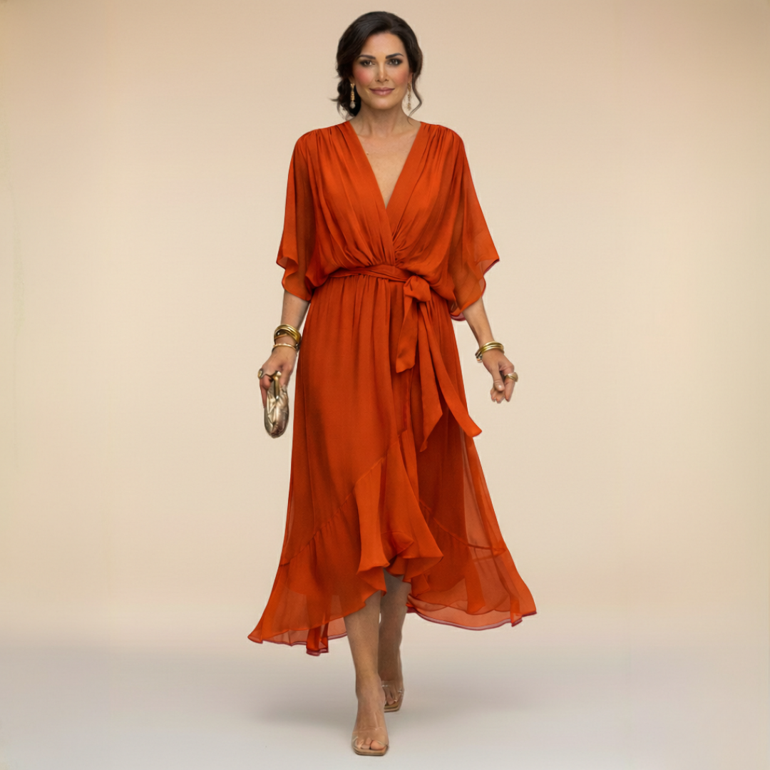 Rowena | Chiffon Batwing Belted Midi Dress