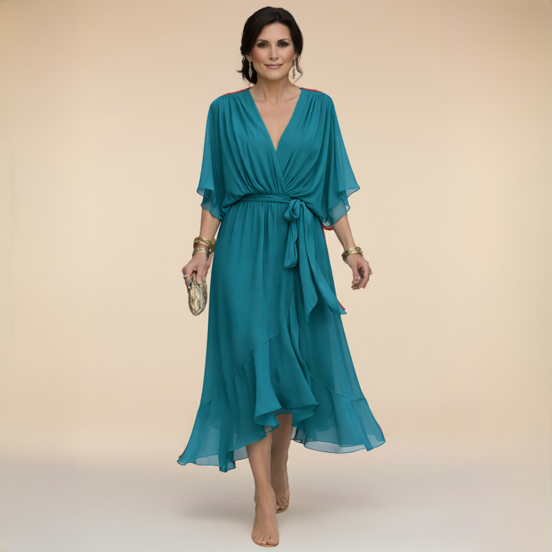 Rowena | Chiffon Batwing Belted Midi Dress
