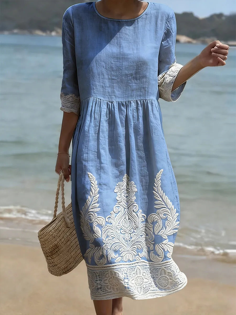 Clarissa | Lace-Trim Embroidered Midi Dress
