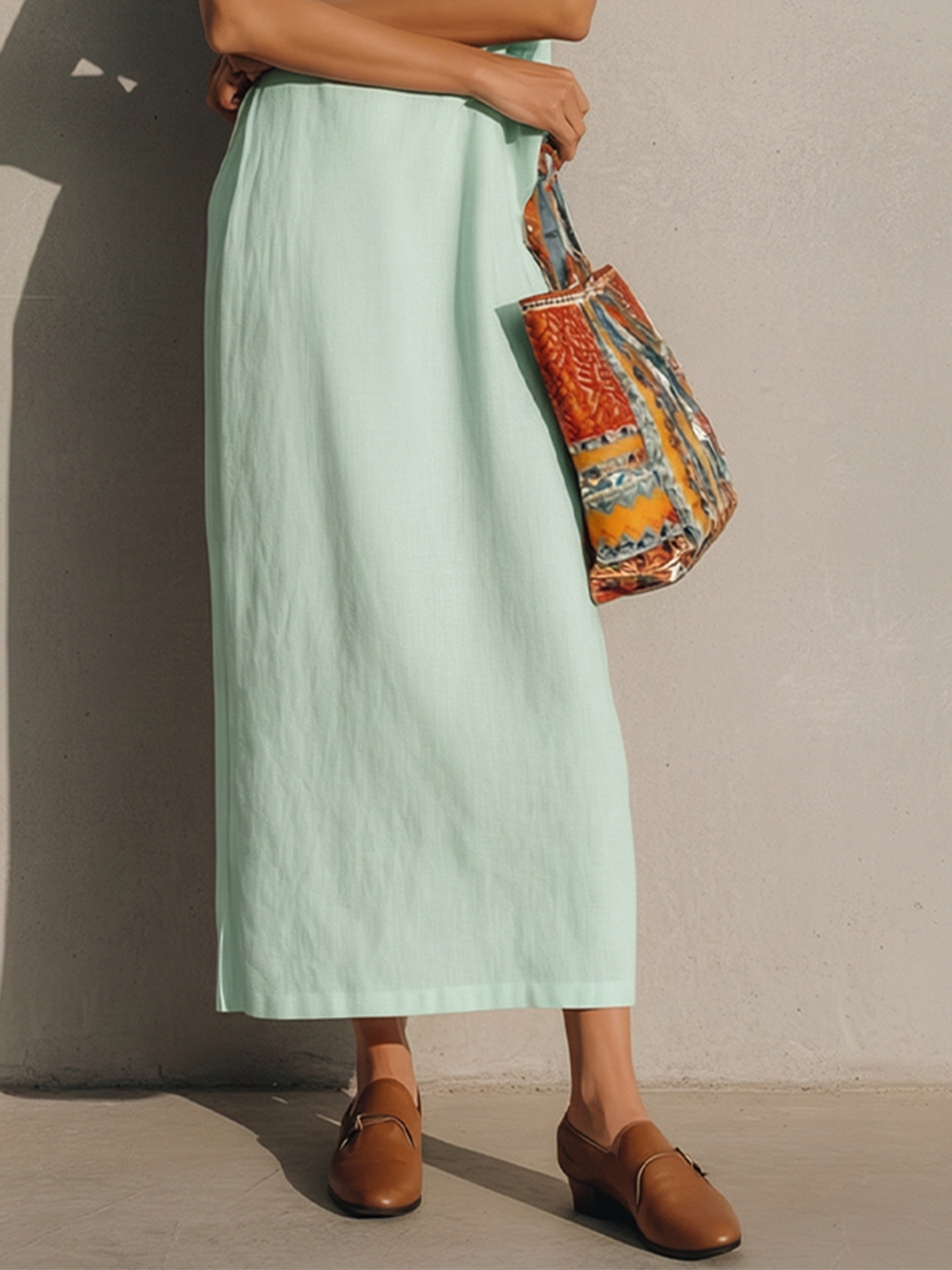 Mirelle – Mint Green Linen Maxi Dress with Split Neck