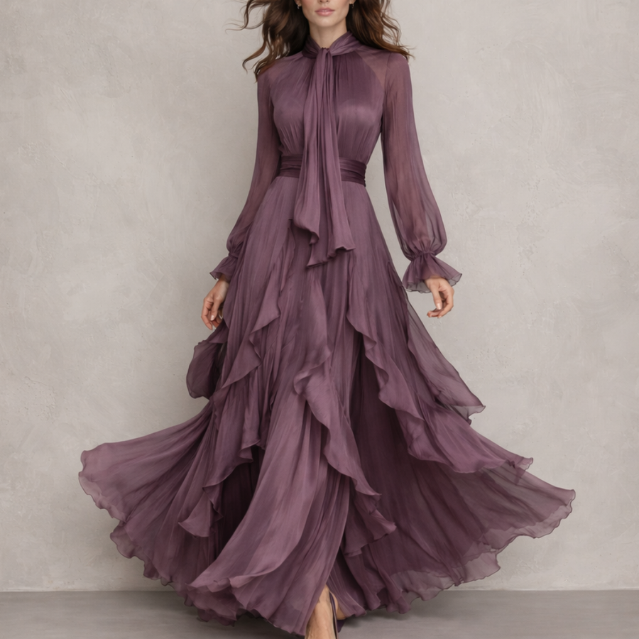 Fenella | Chiffon Bow Neck Tiered Maxi Dress