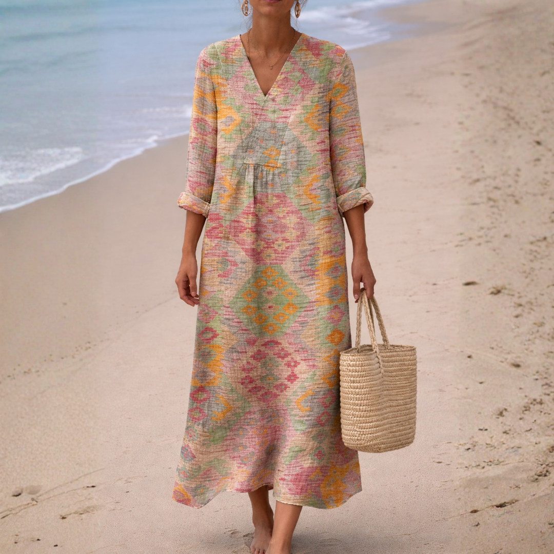 Clementine | Aztec Print Linen Maxi Dress