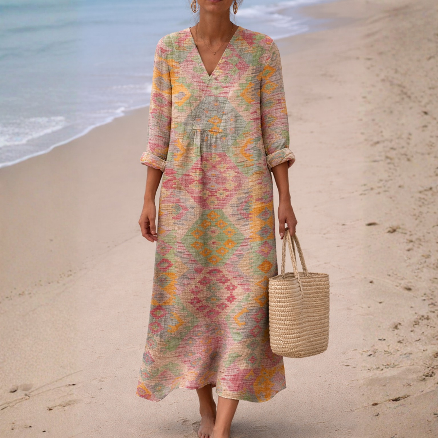 Clementine | Aztec Print Linen Maxi Dress