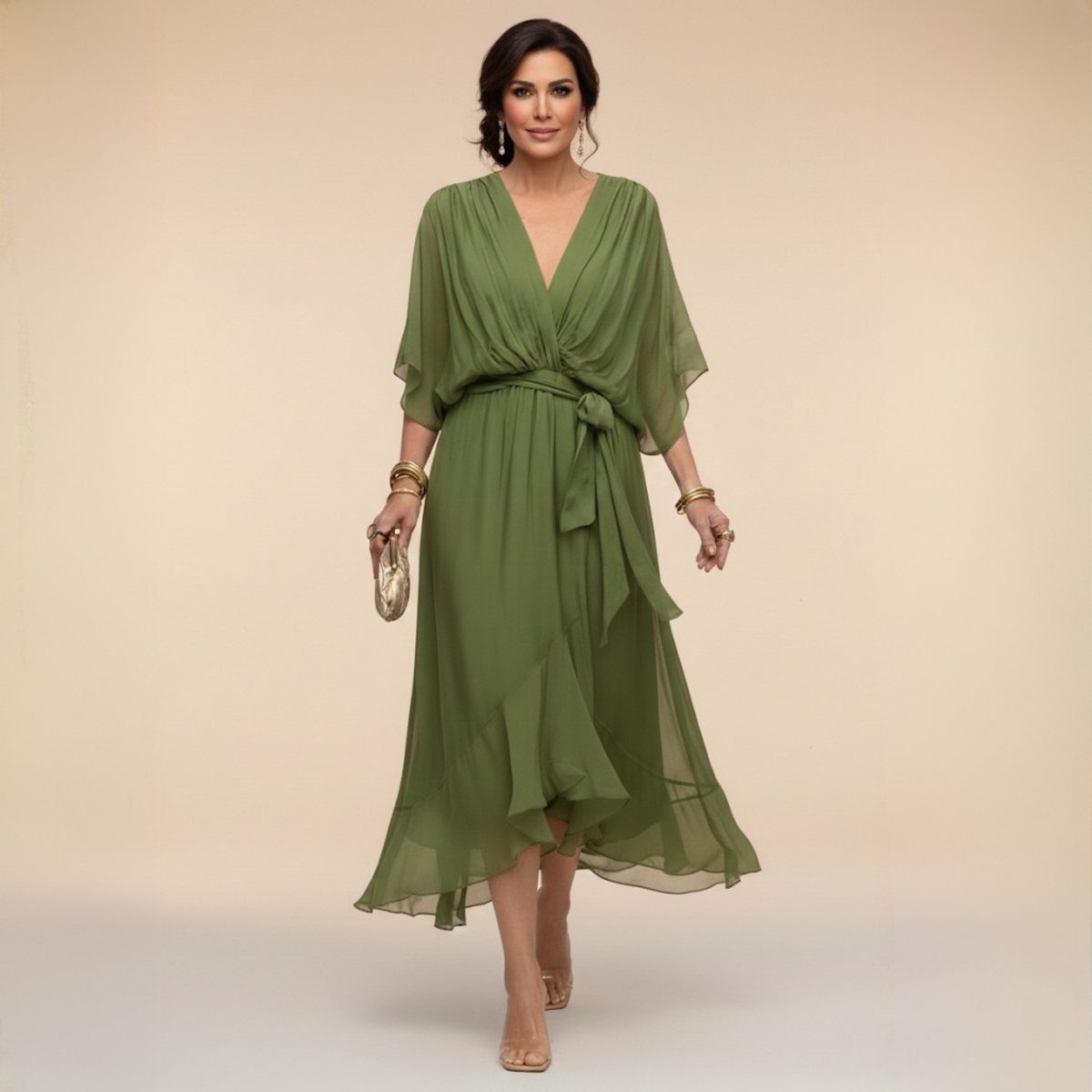 Rowena | Chiffon Batwing Belted Midi Dress