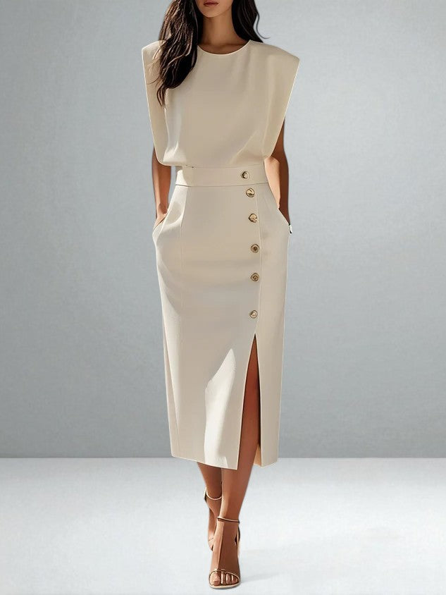 Victoria | Gold Button Midi Dress