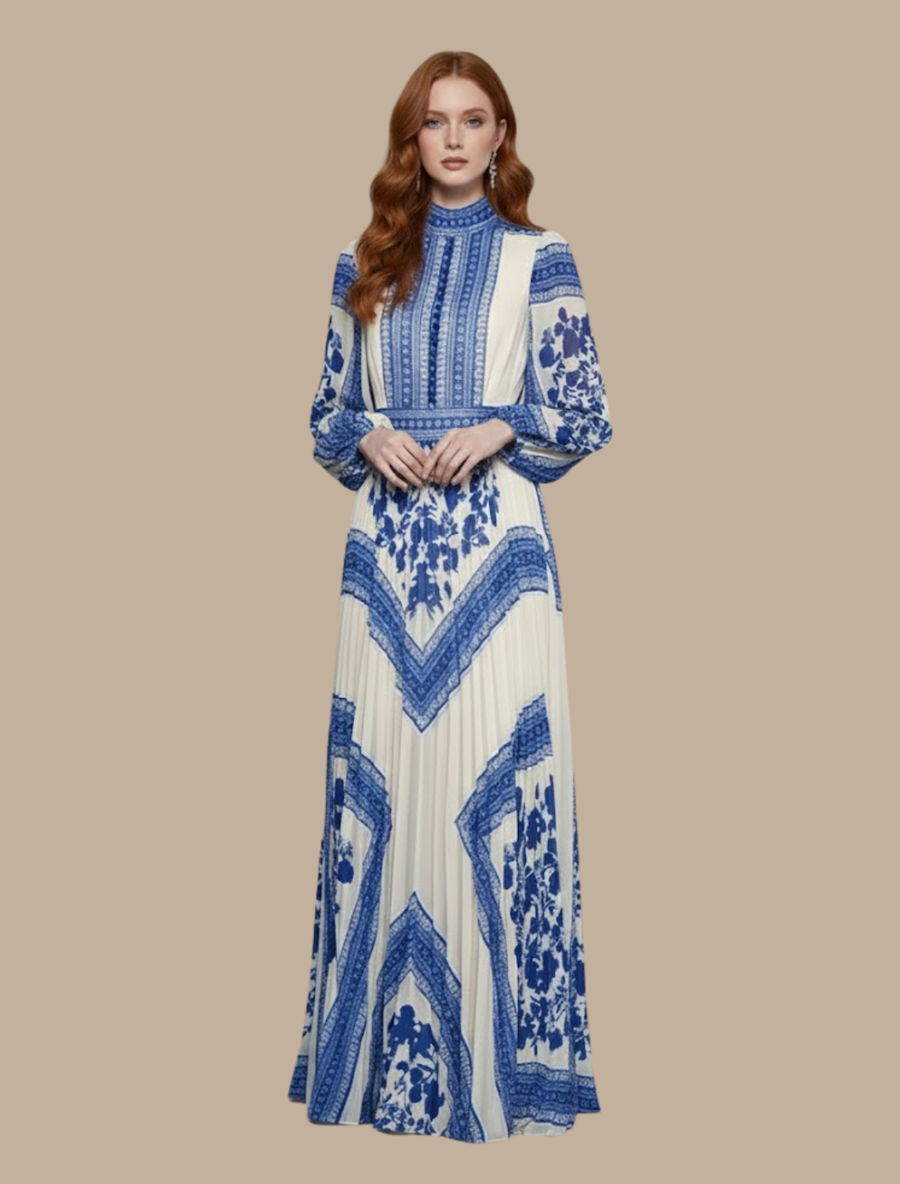 Women’s Pleated Maxi Evening Dress – High Neck Long Sleeve Formal Gown