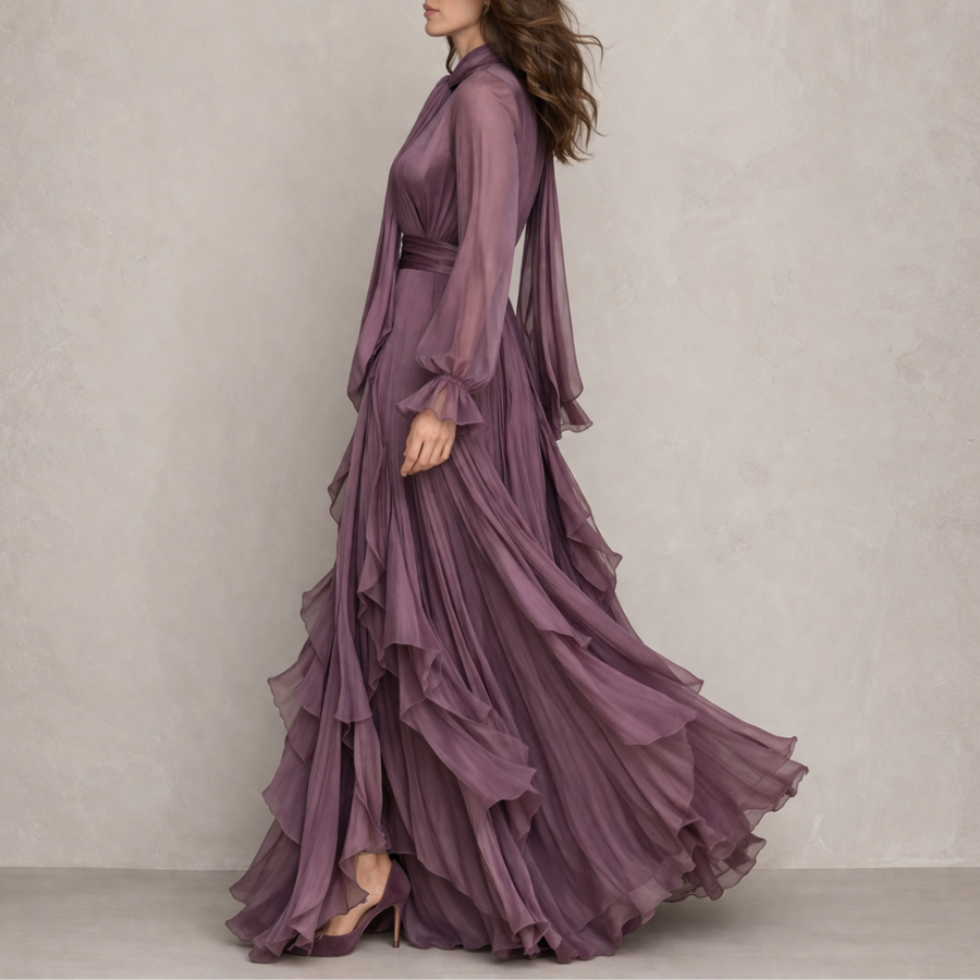 Fenella | Chiffon Bow Neck Tiered Maxi Dress