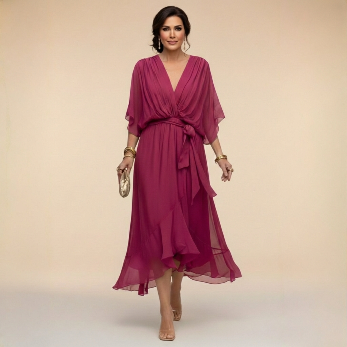 Rowena | Chiffon Batwing Belted Midi Dress