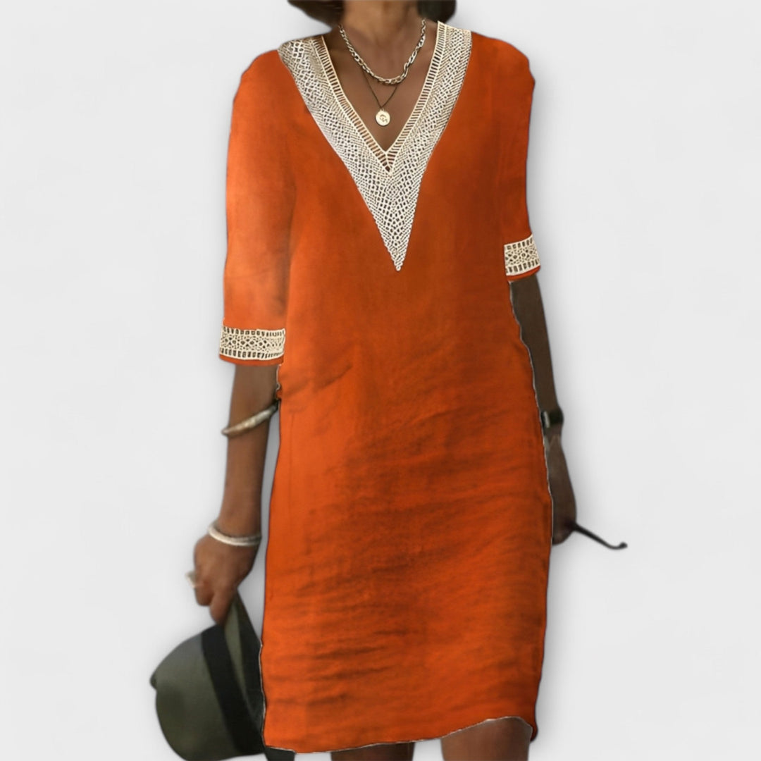 Emelia | Crochet Trim Linen Midi Dress