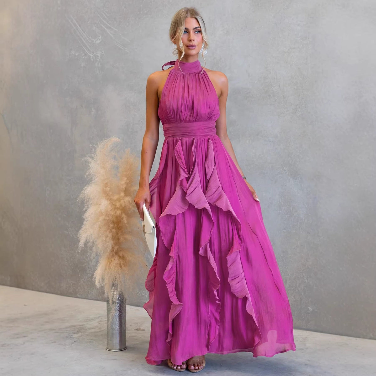 Celestia | Halter Neck Ruffle Maxi Dress