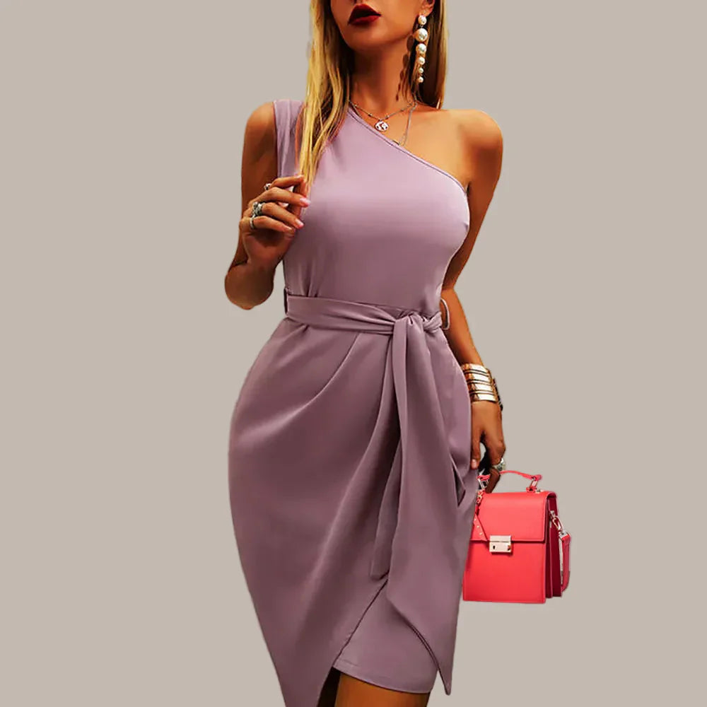 Women’s One Shoulder Midi Evening Dress – Asymmetric Fit with Waist Detail