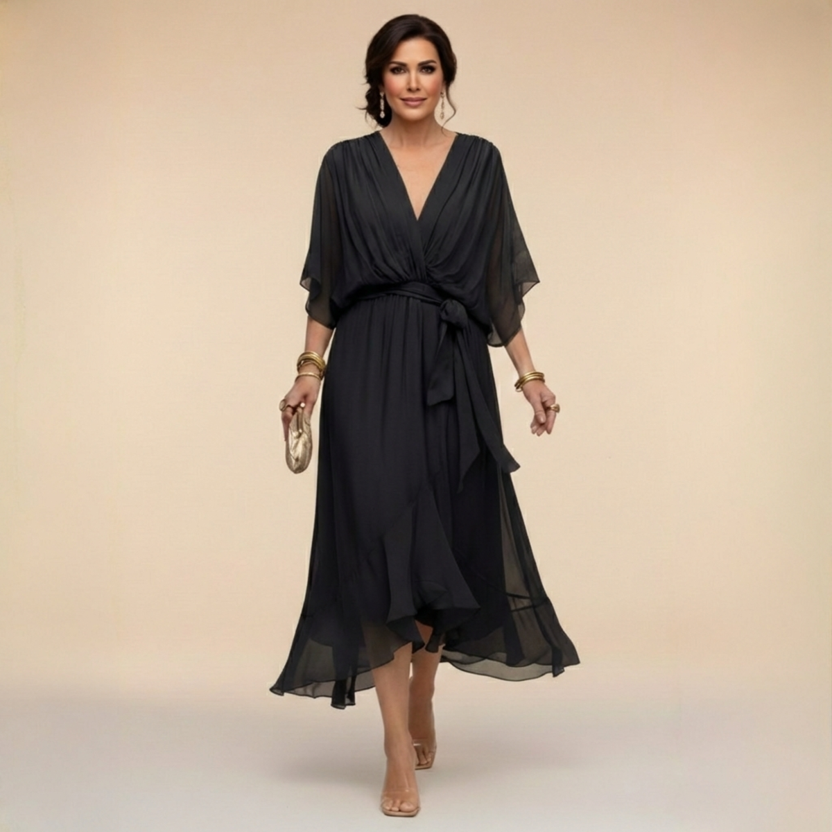 Rowena | Chiffon Batwing Belted Midi Dress