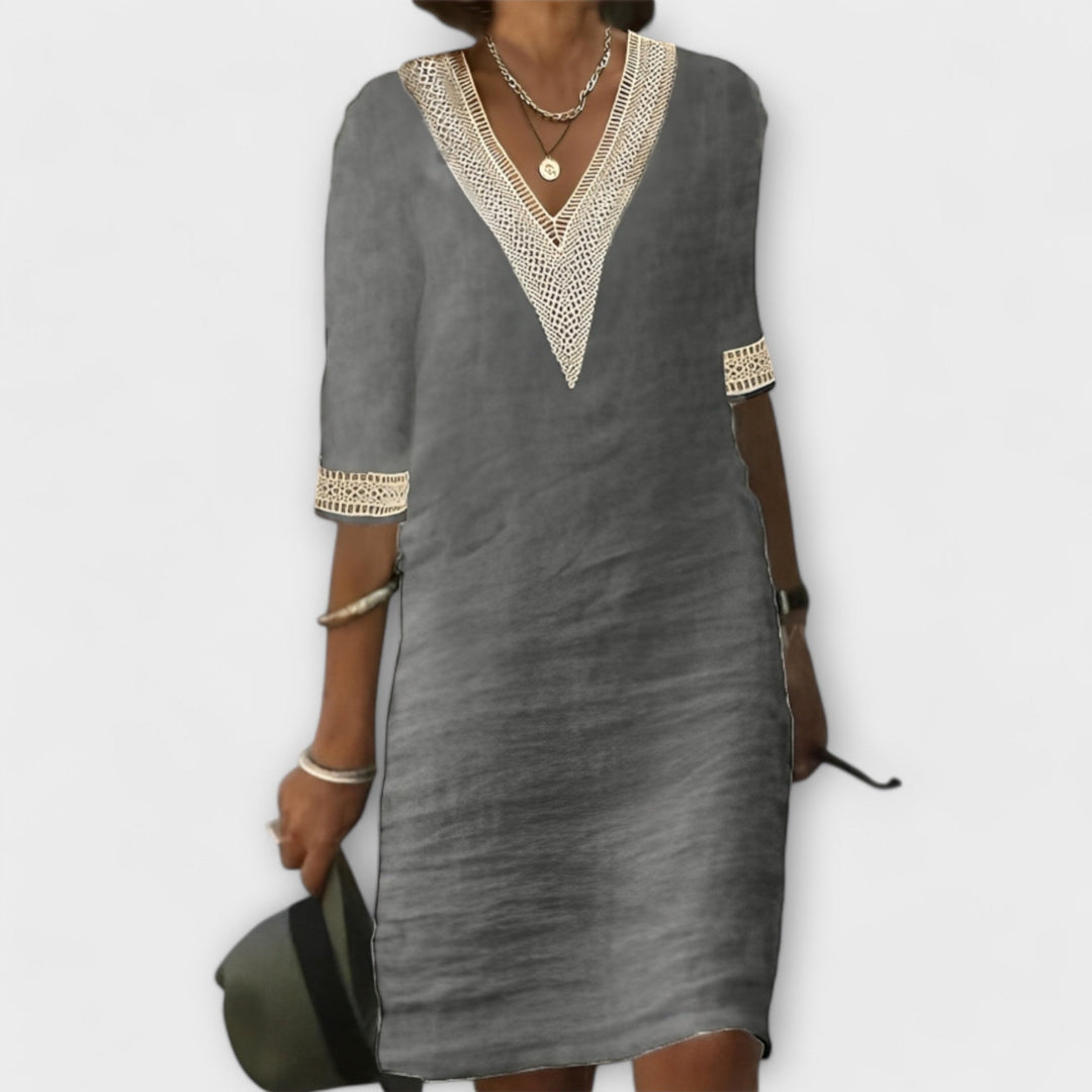 Emelia | Crochet Trim Linen Midi Dress