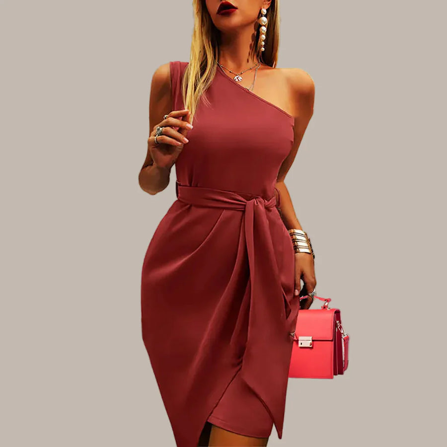 Women’s One Shoulder Midi Evening Dress – Asymmetric Fit with Waist Detail