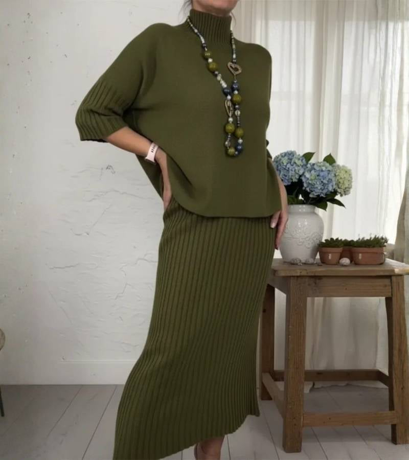 Aisha – Knitted Two-Piece Set with Ribbed Midi Skirt