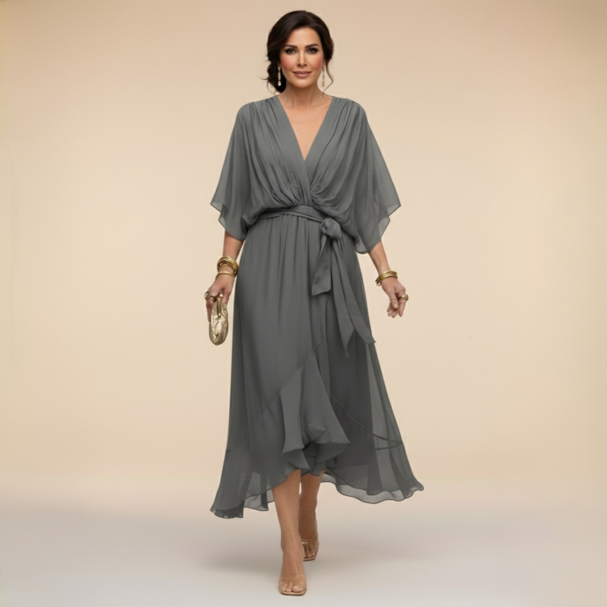 Rowena | Chiffon Batwing Belted Midi Dress