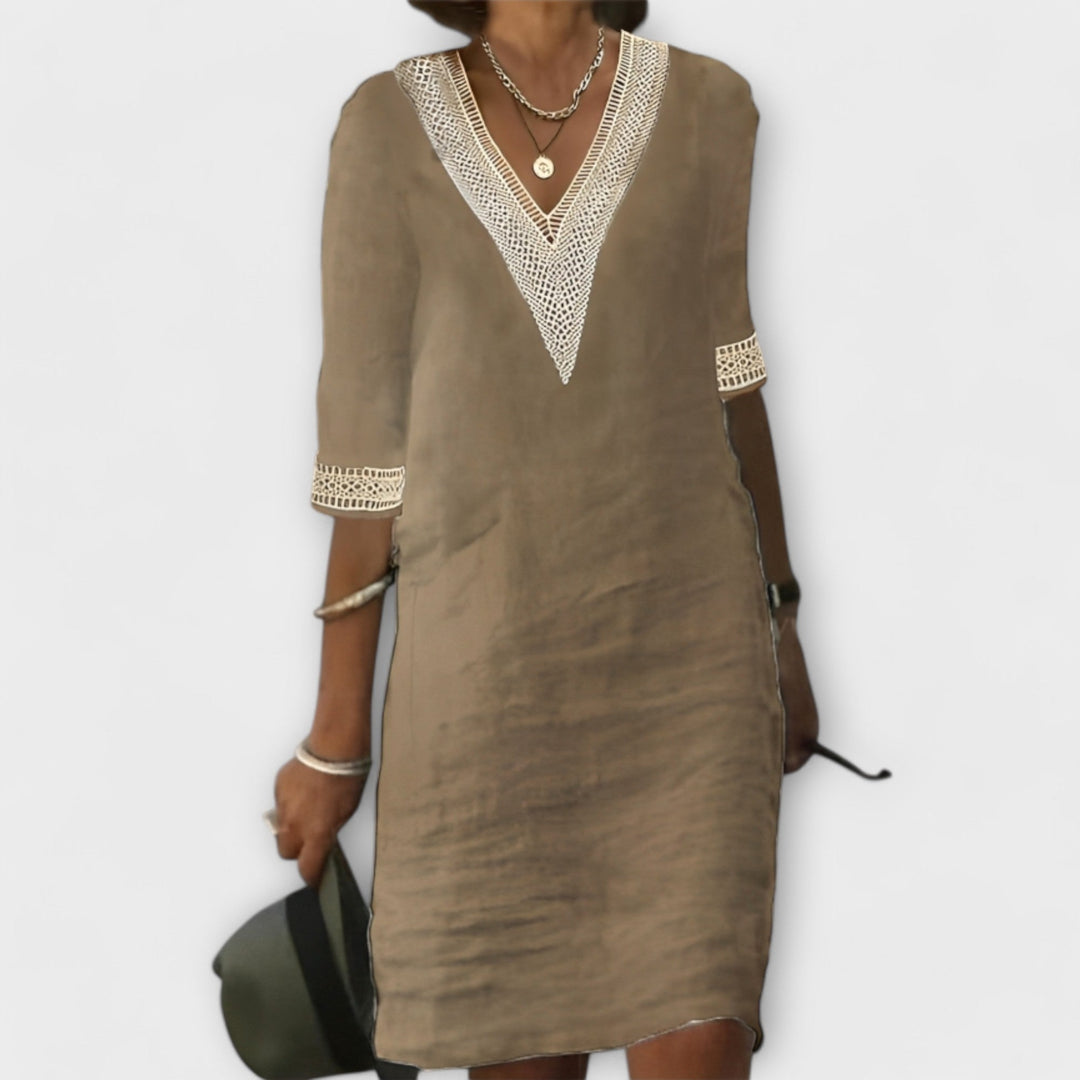 Emelia | Crochet Trim Linen Midi Dress