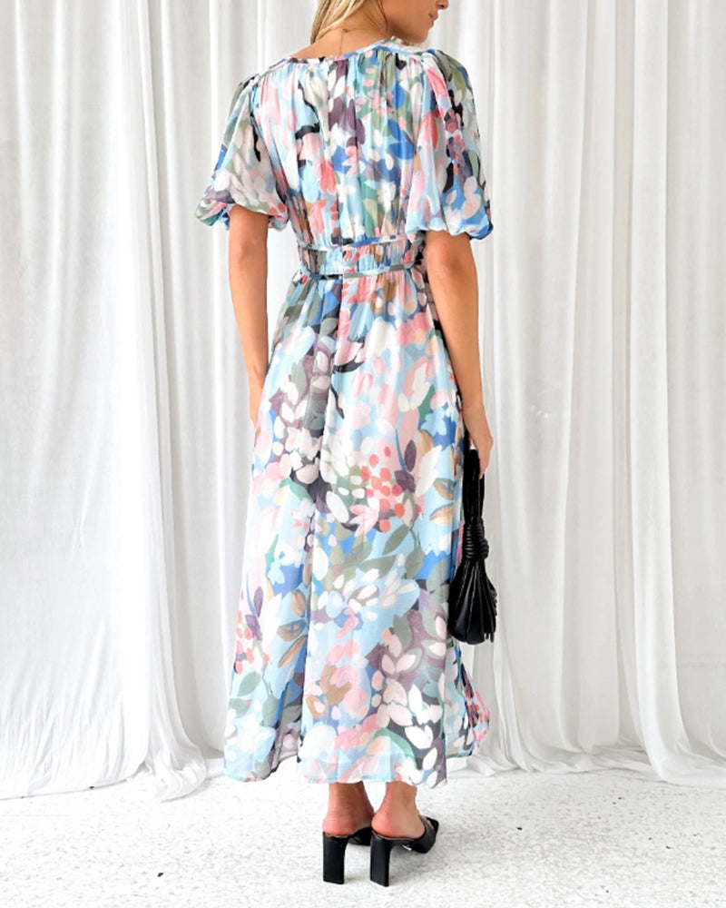 Arabella | Floral Print Lantern Sleeve Maxi Dress