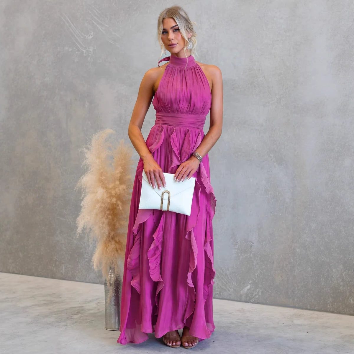 Celestia | Halter Neck Ruffle Maxi Dress