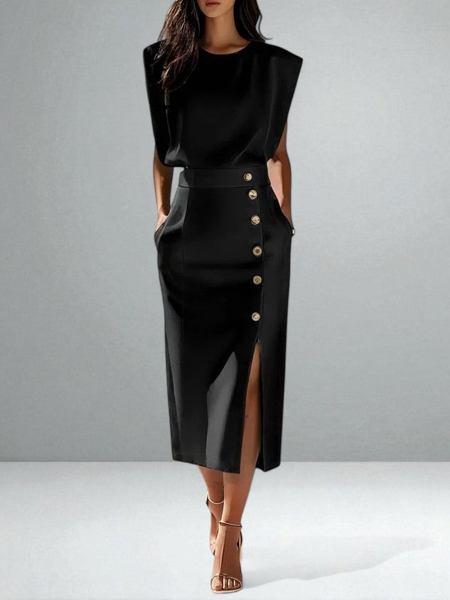 Victoria | Gold Button Midi Dress