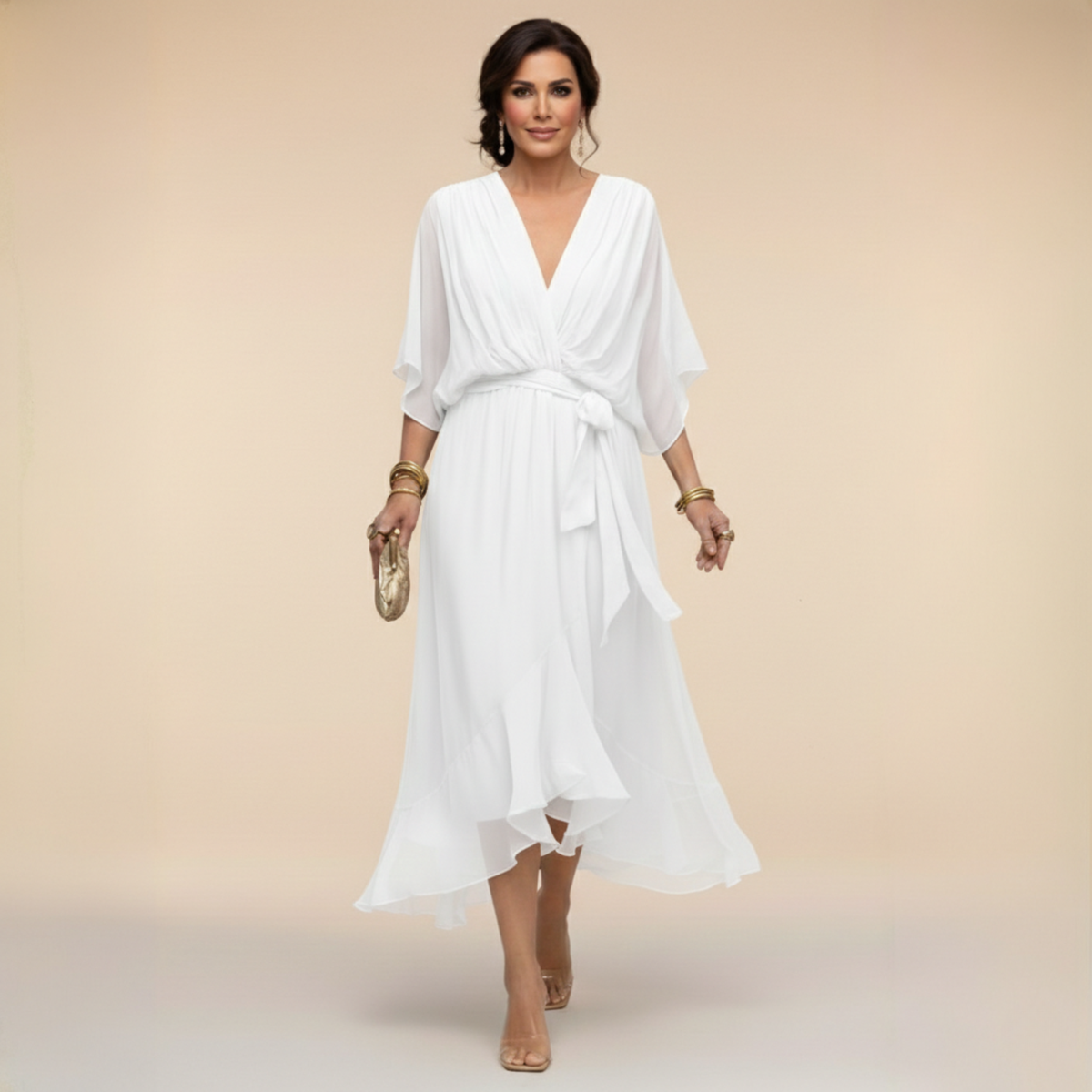 Rowena | Chiffon Batwing Belted Midi Dress