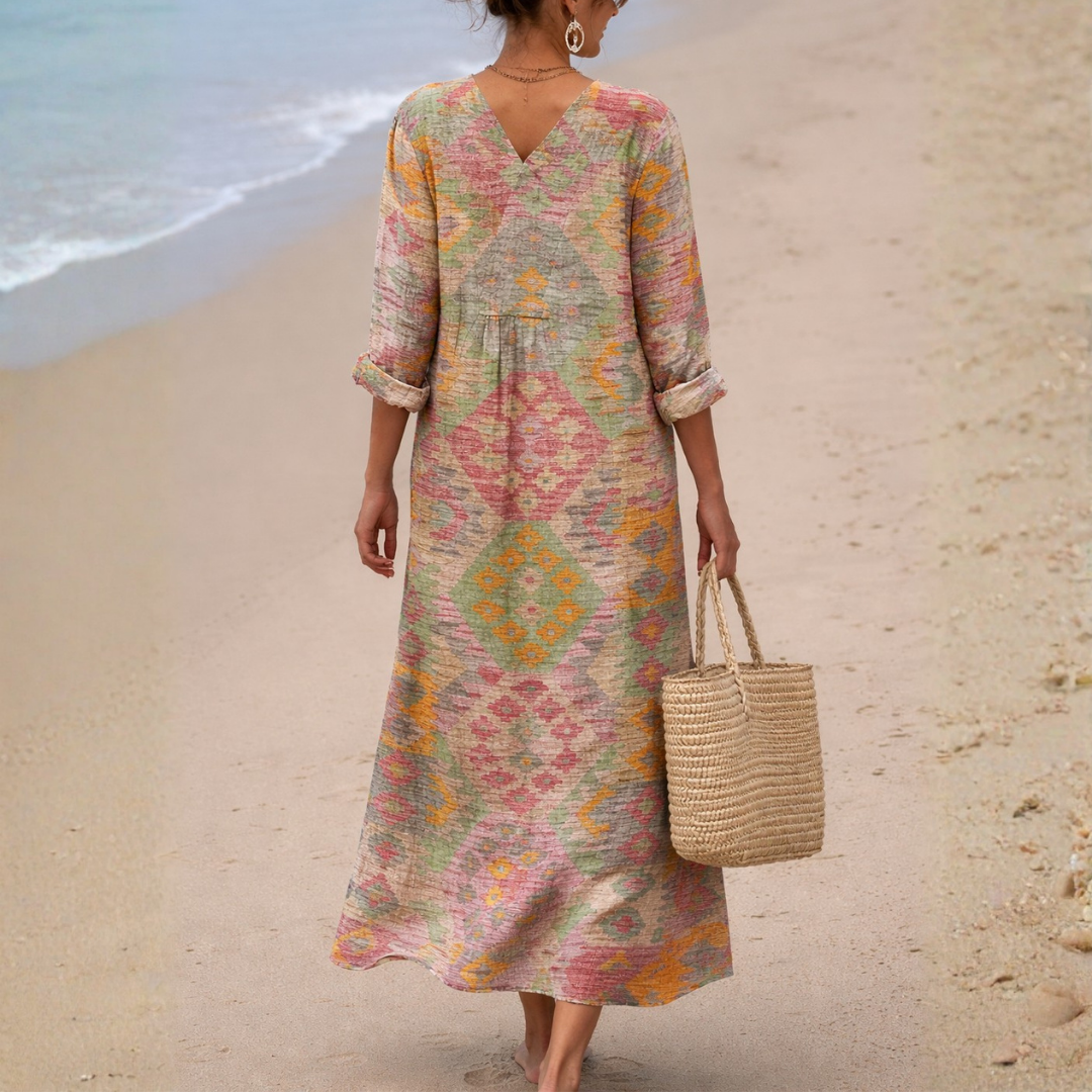 Clementine | Aztec Print Linen Maxi Dress