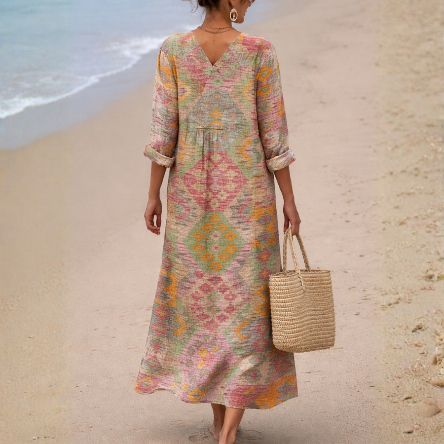 Clementine | Aztec Print Linen Maxi Dress