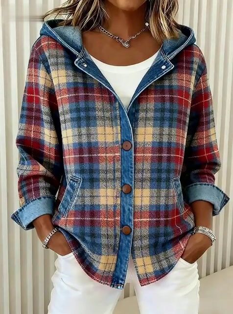 Briella – Contrast Check Hooded Denim Jacket