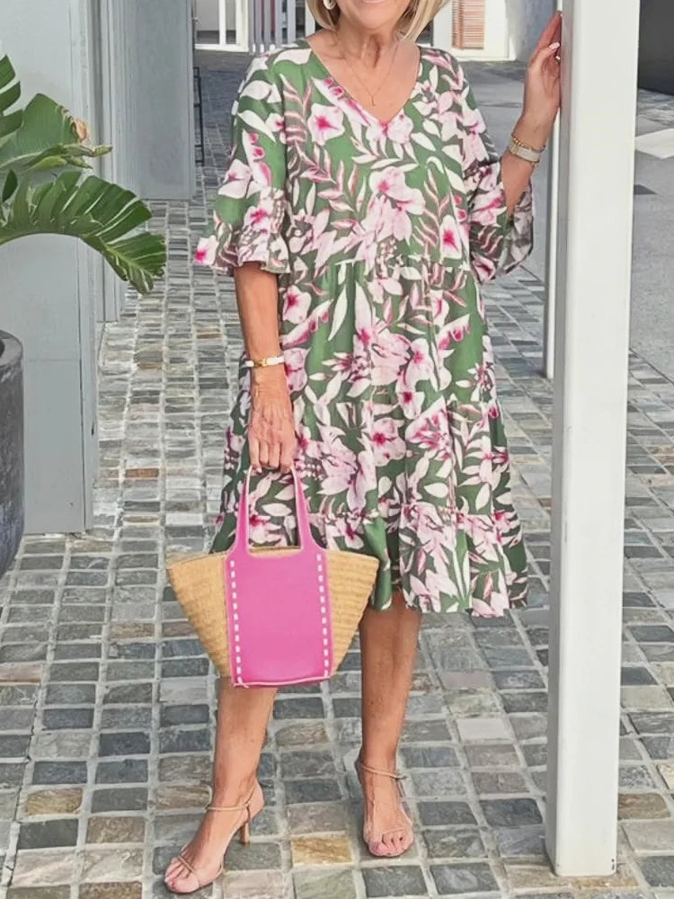 Beatrice | Tropical Floral Ruffle Midi Dress