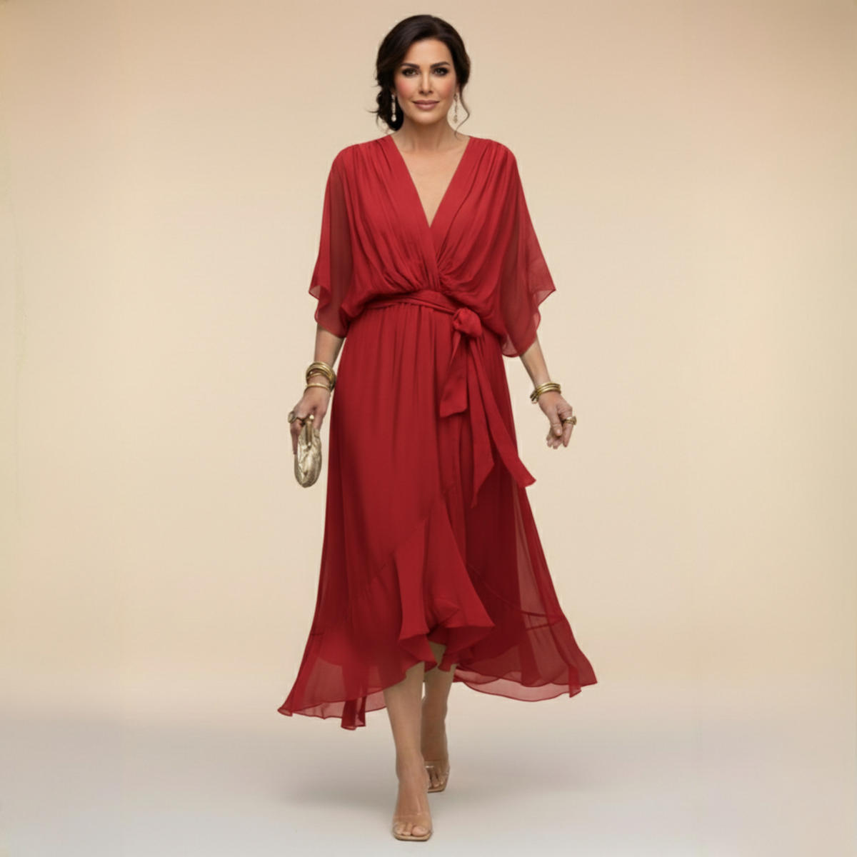 Rowena | Chiffon Batwing Belted Midi Dress