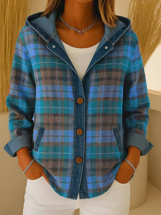 Briella – Contrast Check Hooded Denim Jacket