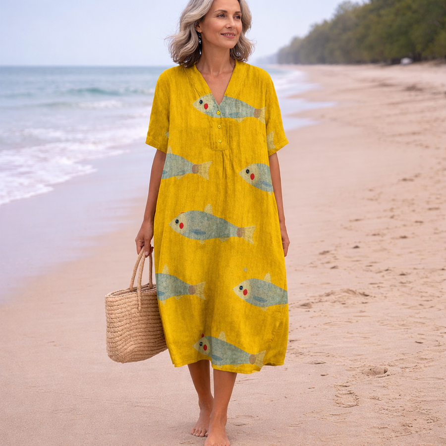 Merriweather | Fish Print Linen Maxi Dress