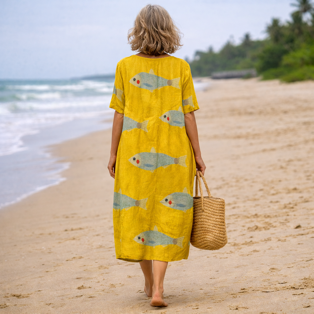 Merriweather | Fish Print Linen Maxi Dress