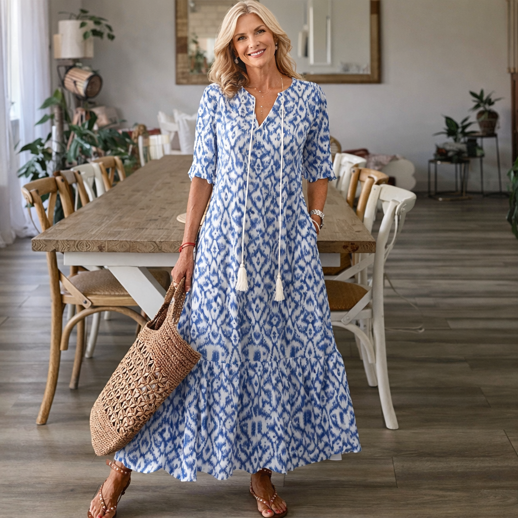 Cordelia | Ikat Print Tassel Tie Maxi Dress