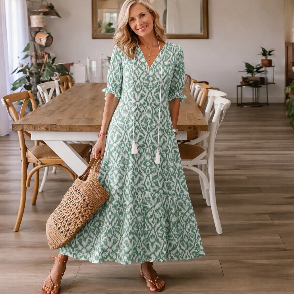 Cordelia | Ikat Print Tassel Tie Maxi Dress