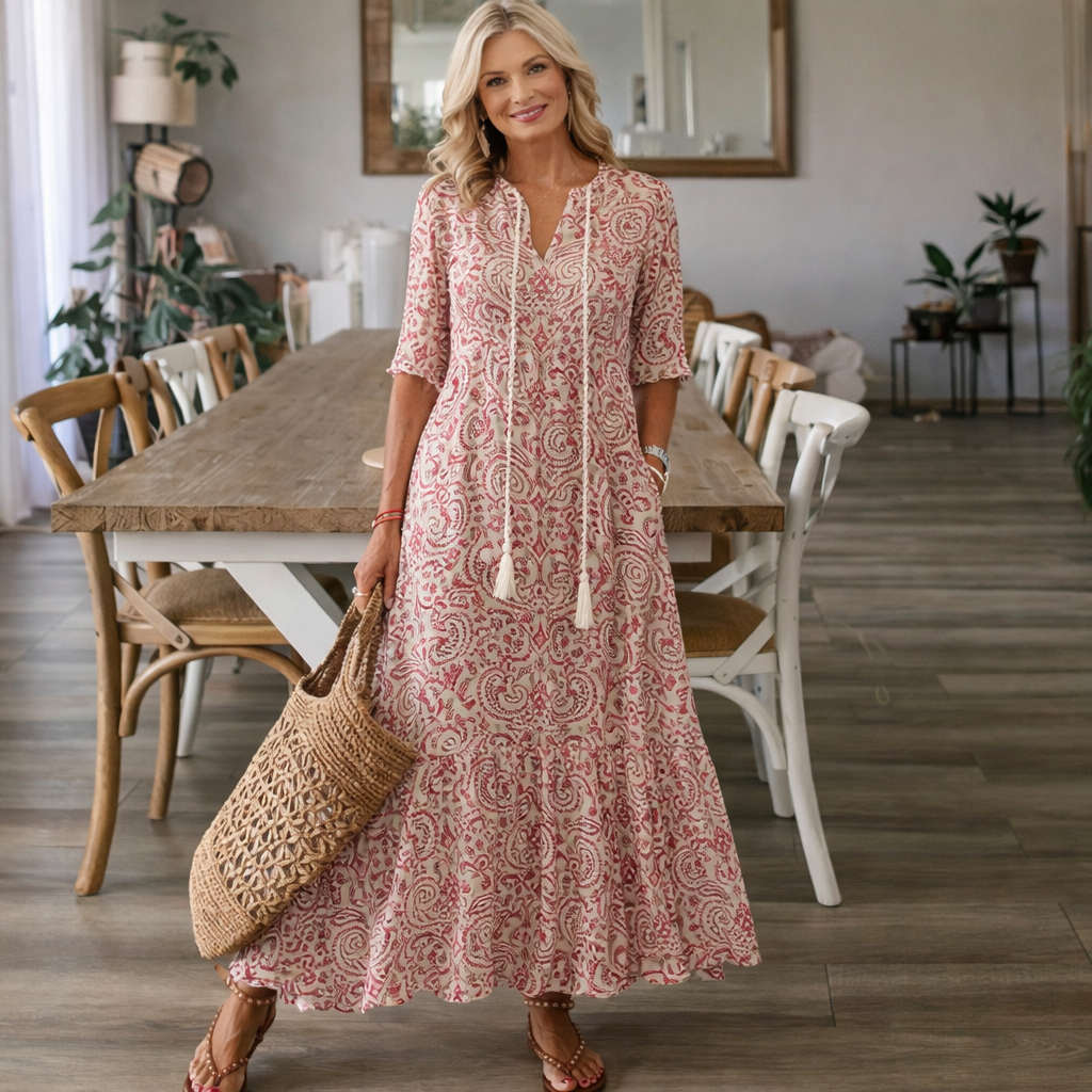 Cordelia | Ikat Print Tassel Tie Maxi Dress