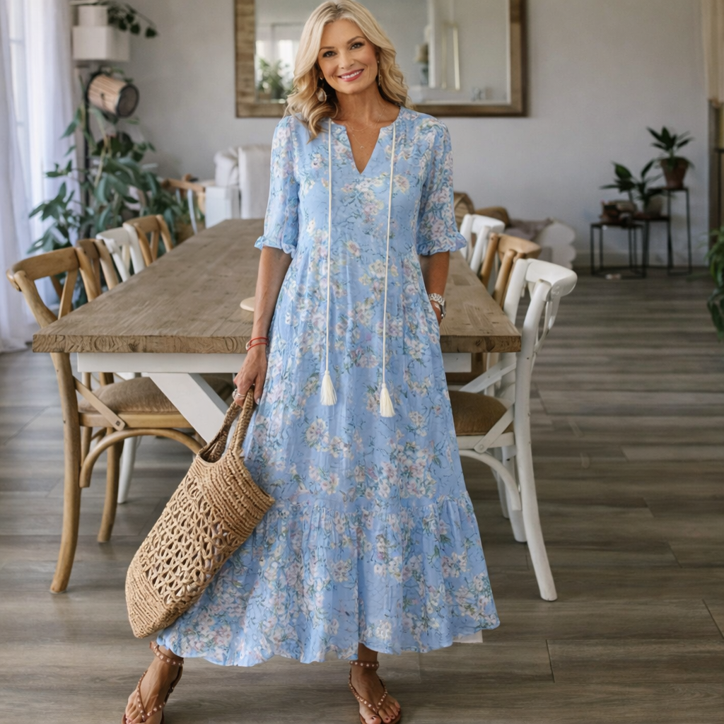 Cordelia | Ikat Print Tassel Tie Maxi Dress