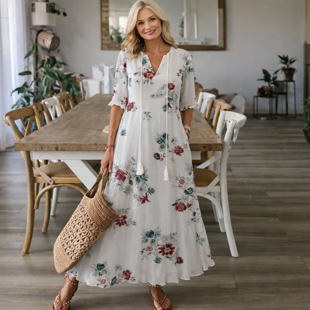 Cordelia | Ikat Print Tassel Tie Maxi Dress