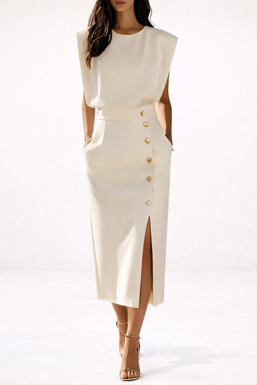 Victoria | Gold Button Midi Dress