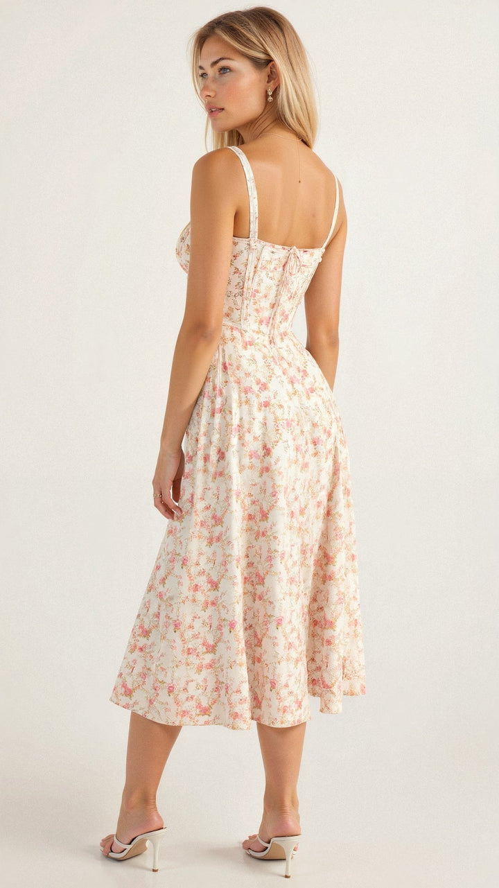 Corset Midi Dress – Tailored Waist and Flowing Skirt