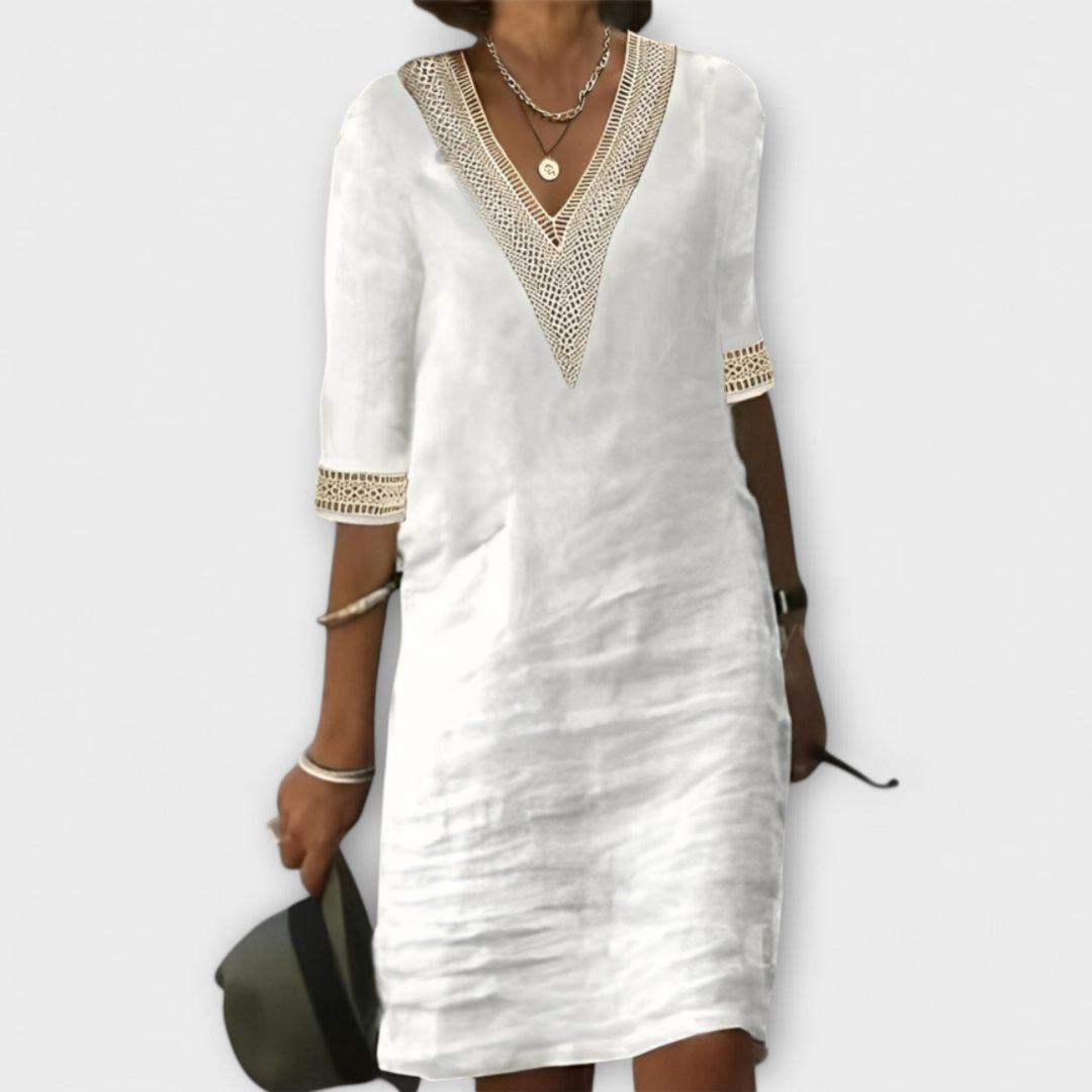 Emelia | Crochet Trim Linen Midi Dress