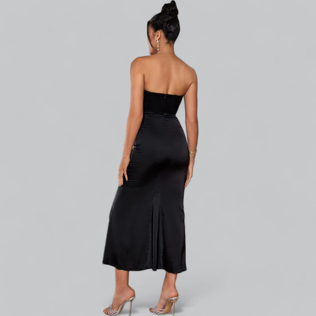 Elegant Strapless Corset Velvet Sheath Maxi Dress