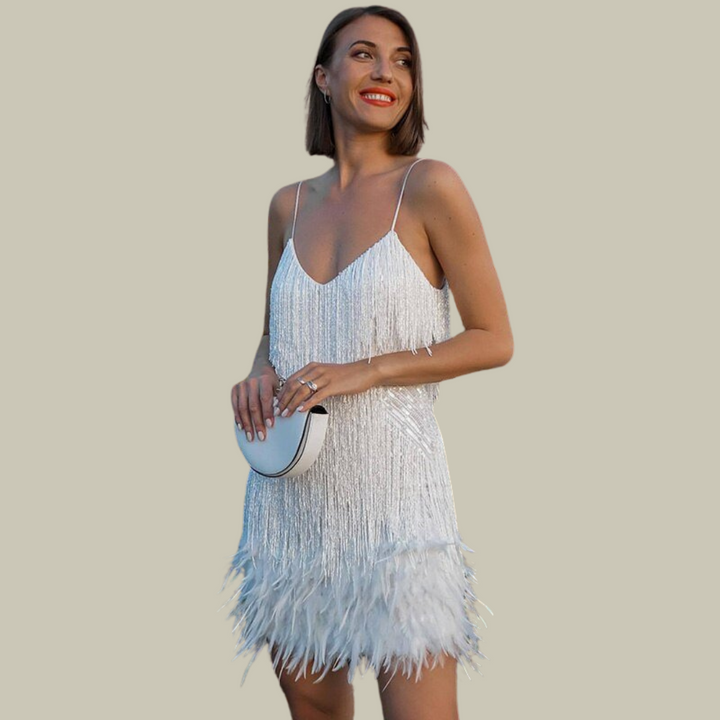 feather trim mini dress Feather-Trim Mini Dress – Statement Evening Silhouette – Thomas & Lucy London