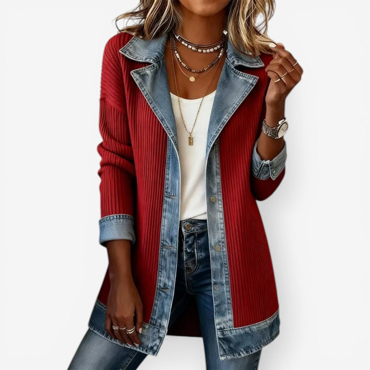 Tara - Modern Layered Denim Knit Jacket for Everyday Style