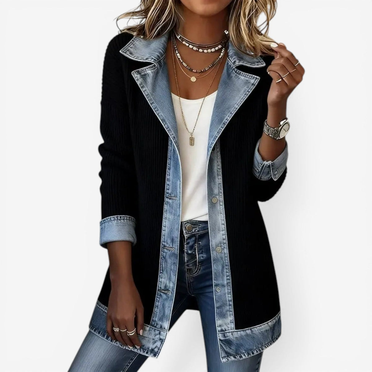 Tara - Modern Layered Denim Knit Jacket for Everyday Style