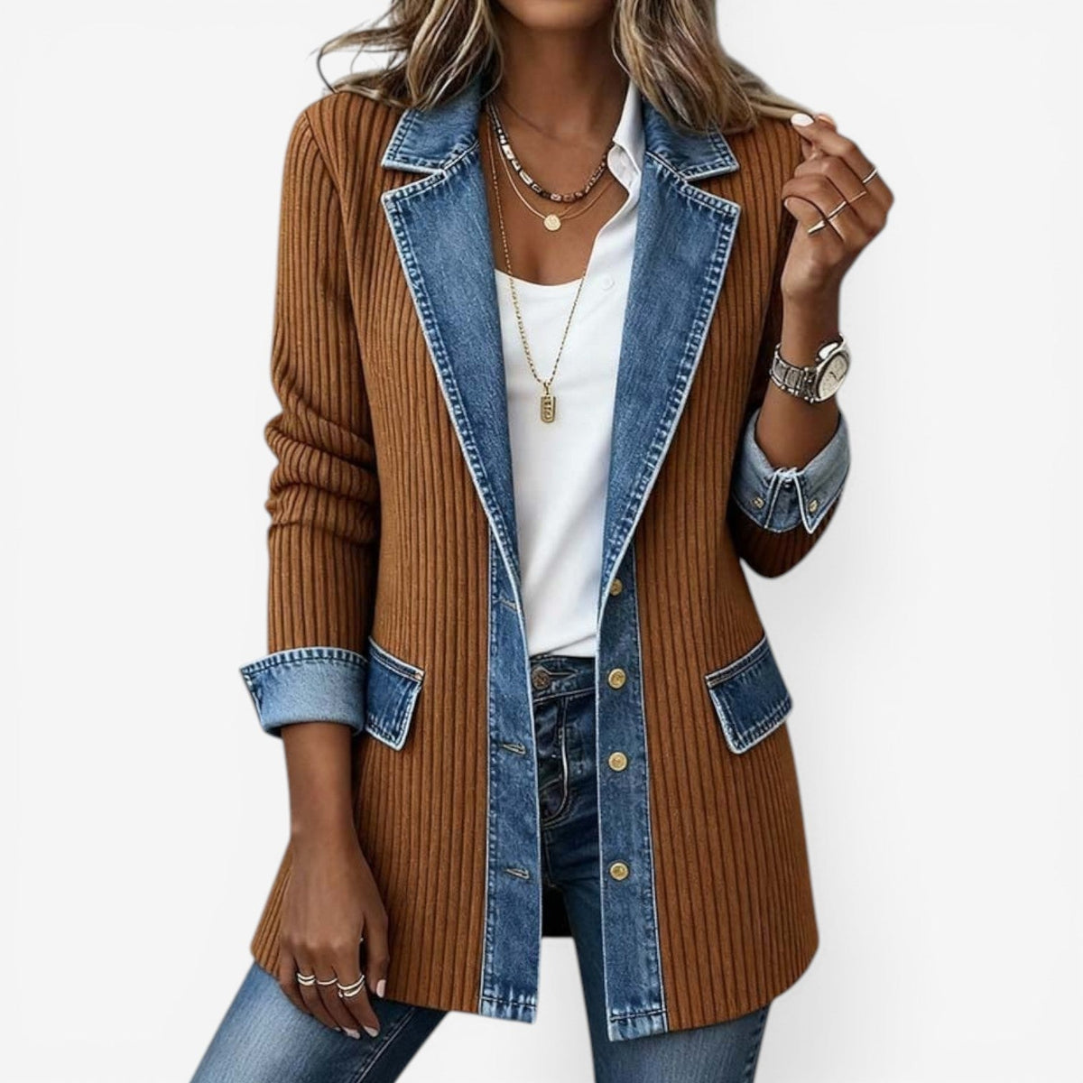 Tara - Modern Layered Denim Knit Jacket for Everyday Style